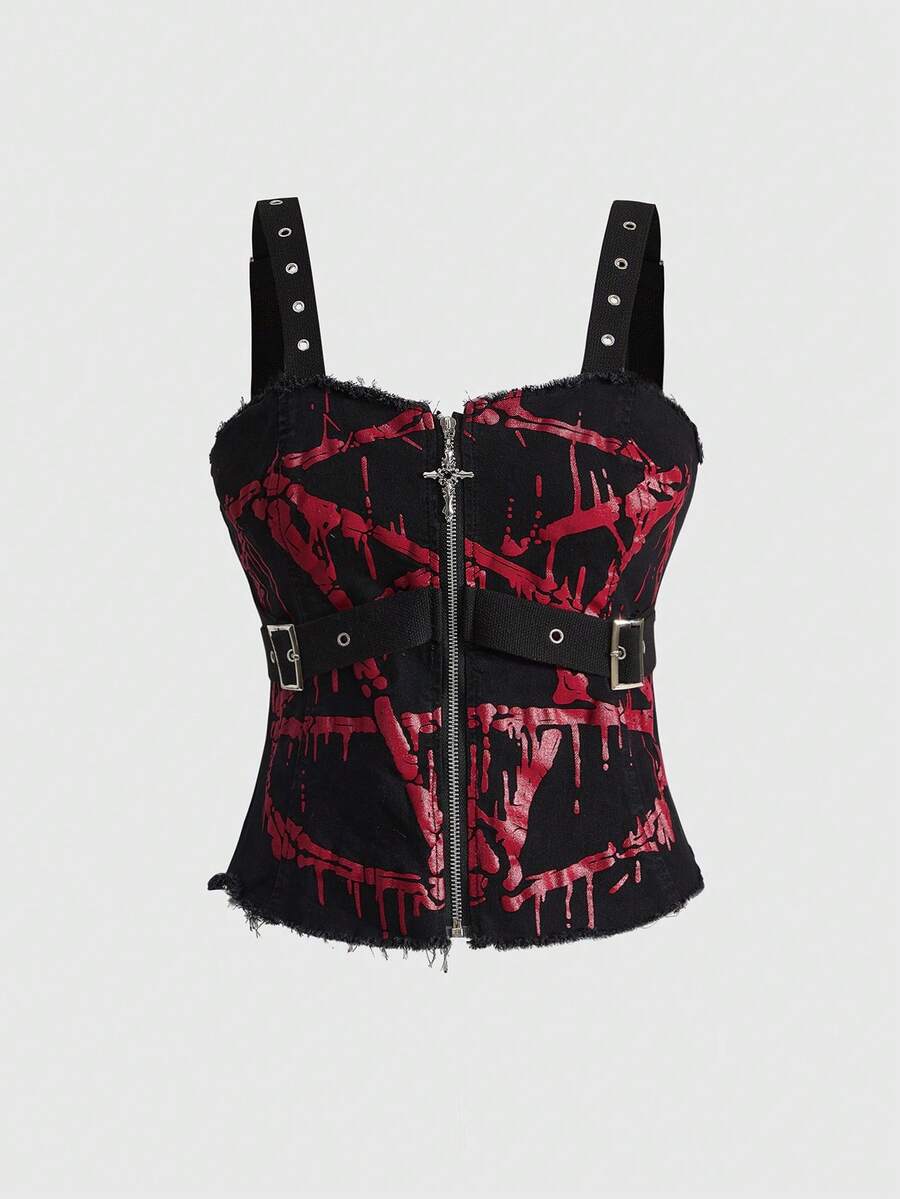 ROMWE Áo vest denim bó sát in hình ngôi sao năm cánh kiểu Gothic, đính đinh tán kim loại và khoen cài. - màu đen - Xem 1