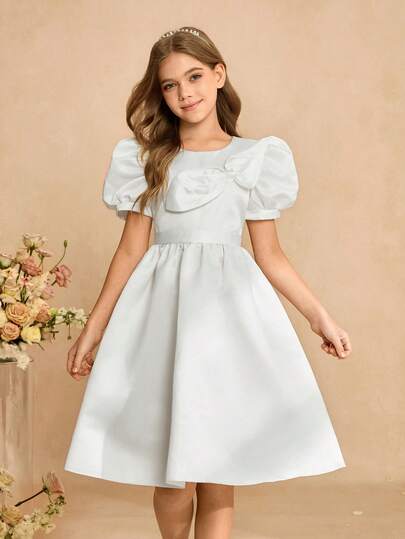 Tween Girls' Elegant White Puff Sleeve Satin Short Fitted Formal Dress, Suitable For Evening Party, Christmas, Halloween, Wedding, Prom, Graduation, Back To School And Other Occasions