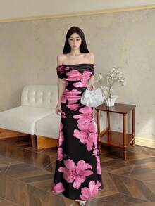 Modelyn 女士碎花印花露肩褶皱腰身优雅连衣裙，适合婚礼、约会等场合 - 黑色 - 查看 4