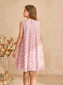 SHEIN Đầm công chúa thanh lịch cho bé gái tuổi teen, đầm phồng 3D dễ thương, nơ lớn trang trí vai, đầm chữ A rộng không tay, thích hợp cho tiệc tùng, sinh nhật, đi chơi, biểu diễn, đầm lưới màu hồng. - Hồng - Xem 2