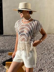 DAZY Women's Crochet Hollow Out Bohemian Style Boho Cover Up Cover Up For Summer Vacation Beach White Sequin - Beige - View 1