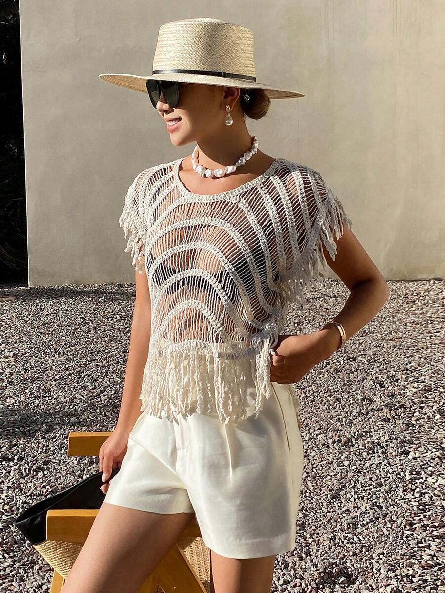 DAZY Women's Crochet Hollow Out Bohemian Style Boho Cover Up Cover Up For Summer Vacation Beach White Sequin - Beige - View 1