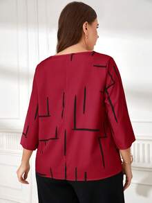 Miaspire 大码 Old Money 女士印花圆领七分袖休闲衬衫，春季女装，优雅百搭 - 酒紅色 - 查看 2