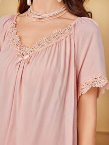 SHEIN Summer Solid Color Loose Lace Patchwork Bow Decor Short Sleeve Top And Wide Leg Pants Pajama Set - Coral Orange - View 4