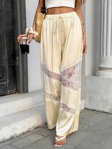 SHEIN PariChic White,Autumn,Classy,Elegant,Vacation,Holiday French Soft Style Lace Patchwork Straight-Leg Pants Women,Stretch Waist Drawstring Loose Wide Leg Palazzo - Apricot - View 3