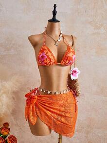 Bellisia 女士印花荷叶边蕾丝系带三件套比基尼泳衣套装，沙滩派对及假日风格夏季海滩度假装扮 - 彩色 - 查看 3