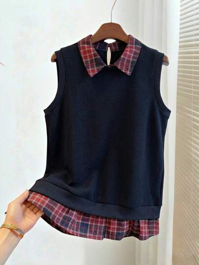 Franclia Korean Style Plaid Polo Collar Patchwork Faux Two-Piece Sleeveless Sweatshirt, New Spring/Summer Style, Casual Commuting, Versatile Women's Sweatshirt, Women's Spring/Summer Royal Blue Sweatshirt, Women's Sexy Sweatshirt, Sleeveless Top, Spring Clothing, Summer Outfits, Outings, Vacations, Casual Wear, Y2K, Graduation Season, Fashionable Outfits, Versatile, Commuting, Plaid.Graduation Season Attire, Fashionable Casual Commuter Wear, Business Office Wear, Versatile And Stylish Everyday Casual Wear, Urban Teacher's Professional Attire