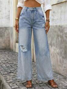 Brillora Women's High Waist Pocket Distressed Wide Leg Loose Casual Jeans - Light Wash - View 3