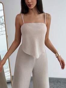 Aloruh Bộ 2 món gồm áo hai dây buộc lưng không đối xứng màu trơn dành cho nữ và quần ống đứng tối giản. - Màu be - Xem 2