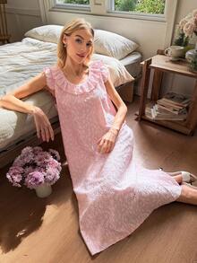 SHEIN Áo ngủ hai dây màu hồng thanh lịch, viền ren, khoét rỗng, chất liệu jacquard, thích hợp mặc nhà cho nữ. - Hồng - Xem 1