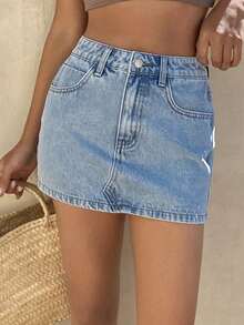 DAZY Chân váy quấn eo thường ngày cho nữ, chân váy mini denim gợi cảm thường ngày. - Rửa trung bình - Xem 1