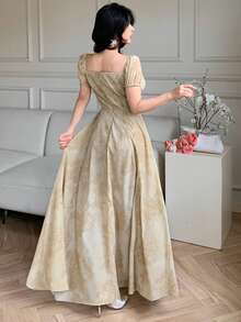 DAZY Đầm nữ tay ngắn cổ vuông, chất liệu vải nhuộm tie-dye, thắt eo, kiểu dáng thanh lịch, thích hợp cho mùa hè. - Nhiều màu - Xem 5