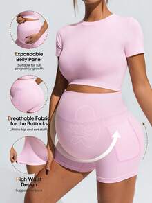 SHEIN Maternity Solid Color Round Neck Short Sleeve T-Shirt And Pocket Shorts Sports Suit,Word Cup - Pink - View 3