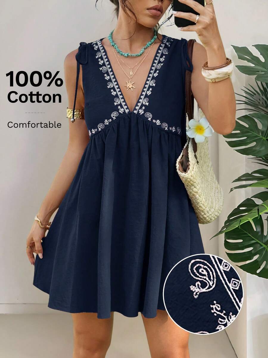 SHEIN EZwear 女士藏蓝色刺绣无袖梭织度假连衣裙 - 藏蓝色 - 查看 1