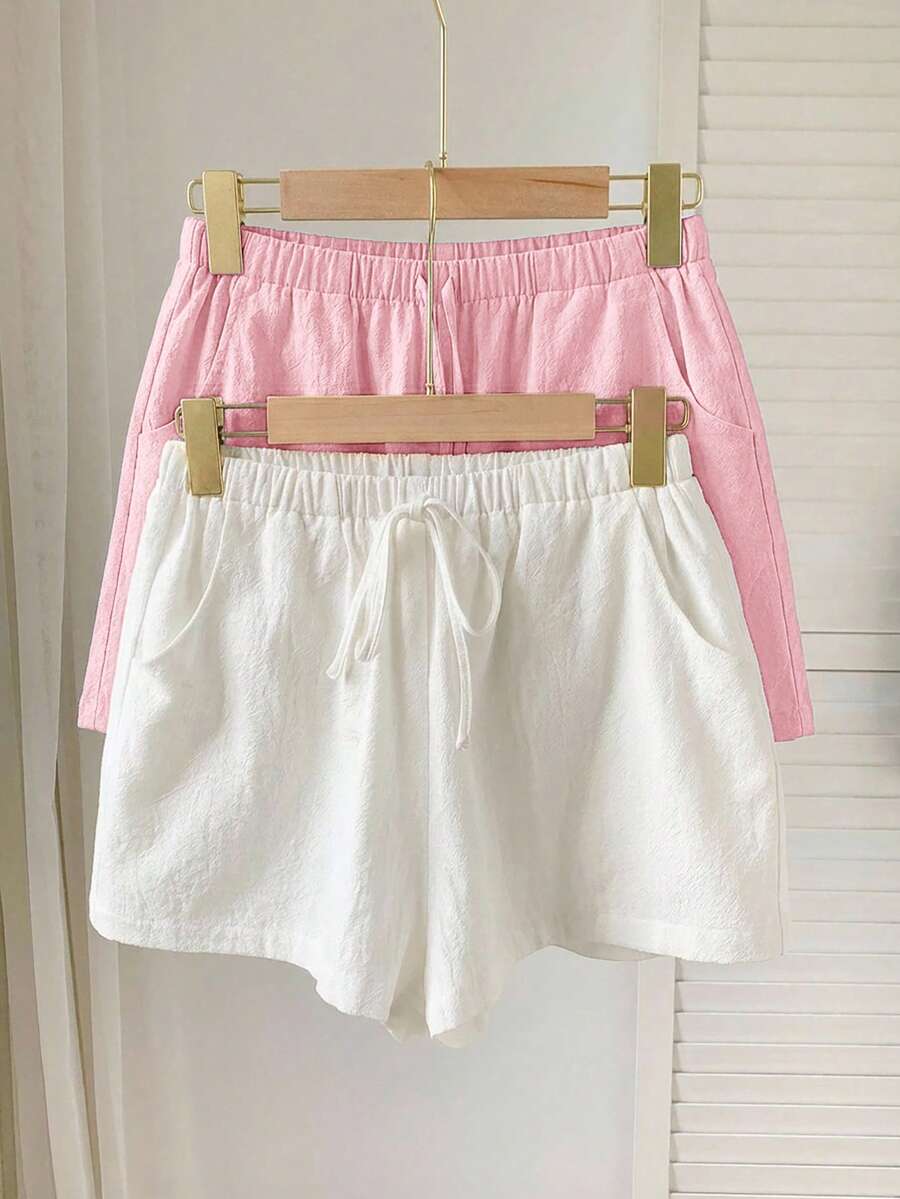 Comfortcana 2 pièces Short décontracté pour femmes avec cordon de serrage à la taille, couleur unie, convient pour les vacances d'été et les déplacements quotidiens - Rose pâle - Voir 1