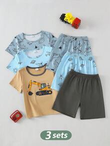 6pcs/Set Toddler Boys' Casual Cute Cartoon Dinosaur & Letter Print Soft Knit Fabric Round Neck Short Sleeve Top And Shorts Pajama Set, Daily Wear - Multicolor - View 1