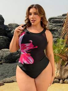 Swim Lushoire Plus Size Women's Black Summer Elegant Formal Beach Evening Holiday Swimwear, Large Floral Print Tummy Control Wide Wireless Bikini Top - Black - View 6