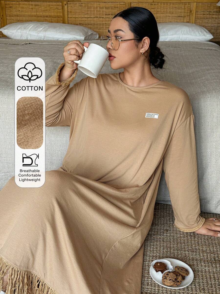 Dazy Plus 大码女式休闲宽松下摆拼接直筒长款连衣裙睡衣 - 卡其色 - 查看 1