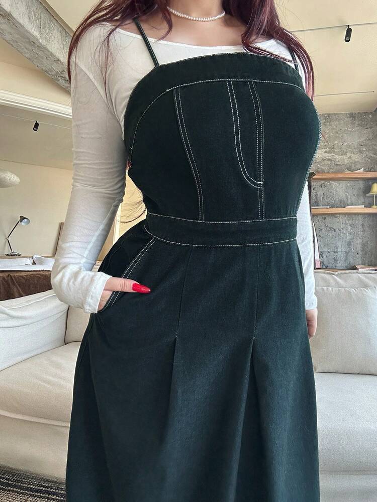 Dazy Plus Vintage Washed Elastic Fitted Pleated Sleeveless Denim Slip Dress, Casual For Spring/Summer/Autumn