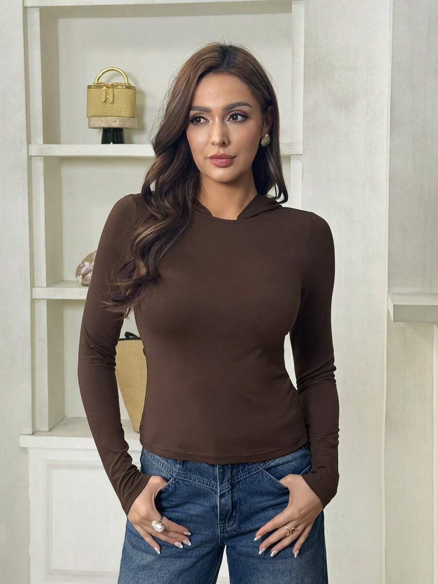 Modelyn Women's Casual Commuting Versatile Hooded Long Sleeve T-Shirt, Slim Fit Stretchy Base Layer Top - Brown - View 1