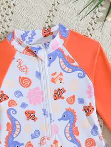 SHEIN Traje de baño de una pieza con cremallera, de manga larga y estampado de palmeras de la isla, para niñas pequeñas. Traje de baño con protección solar y manga raglán con volantes, lindo - Multicolor - Ver 5