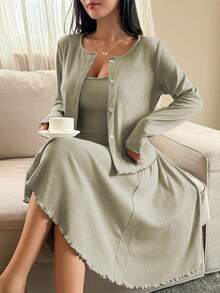 DAZY 两件套无袖连体裤和开衫套装，女士休闲家居服套装，秋季 - 綠色 - 查看 5