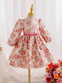 SHEIN Glamorique Kids 女童公主裙，长袖，粉色花朵提花面料，蝴蝶结，质感面料，高贵优雅，中东、欧美风格，华丽裙摆，婚礼、节日、派对、舞会礼服、优雅派对礼服 - 粉色 - 查看 8