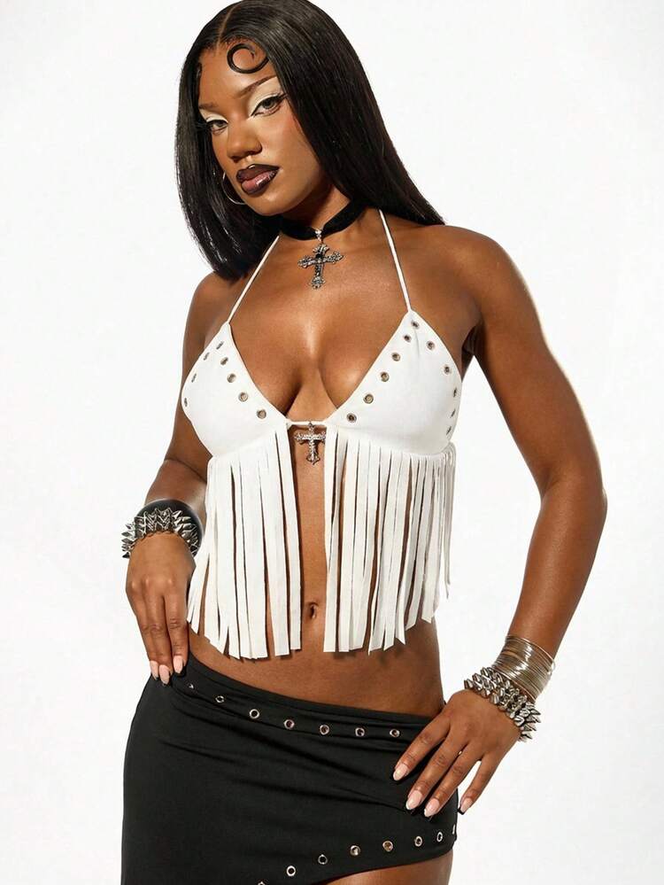SUMWON WOMEN Faux Suede Halter Fringe Top With Cross Detail