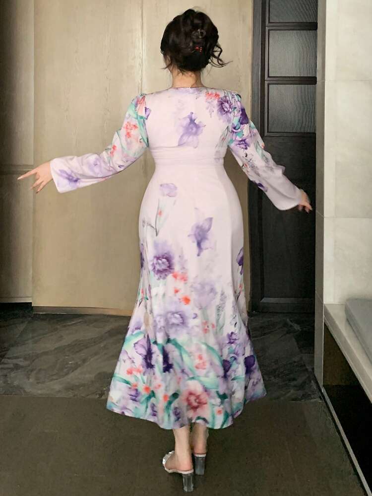 Dazy Plus Plus Size Floral Print Square Neck Petal Sleeve Cinched Waist Mermaid Hem Romantic Elegant Mid-Length Dress Maxi Dress Sundress