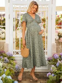 SHEIN Maternity Casual Loose Floral V-Neck Pocket Long Dress - Green - View 1