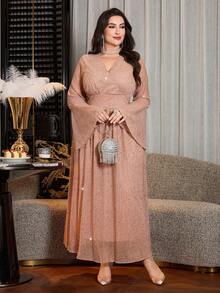 Modelyn Plus Size Women Elegant Pleated Sequin Fitted Long Knit Dress, Light Formal Wear, Spring/Autumn - Apricot - View 3