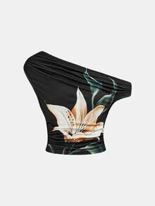 SHEIN Bộ đồ 2 món thanh lịch dành cho bé gái tuổi teen, gồm áo và chân váy dệt kim in hoa. - màu đen - Xem 6