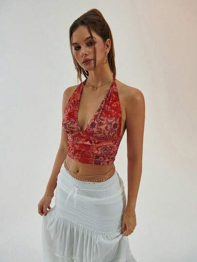 Aloruh Women's Sexy Backless Floral Print Tie Front Camisole Top, Suitable For Beach Vacation