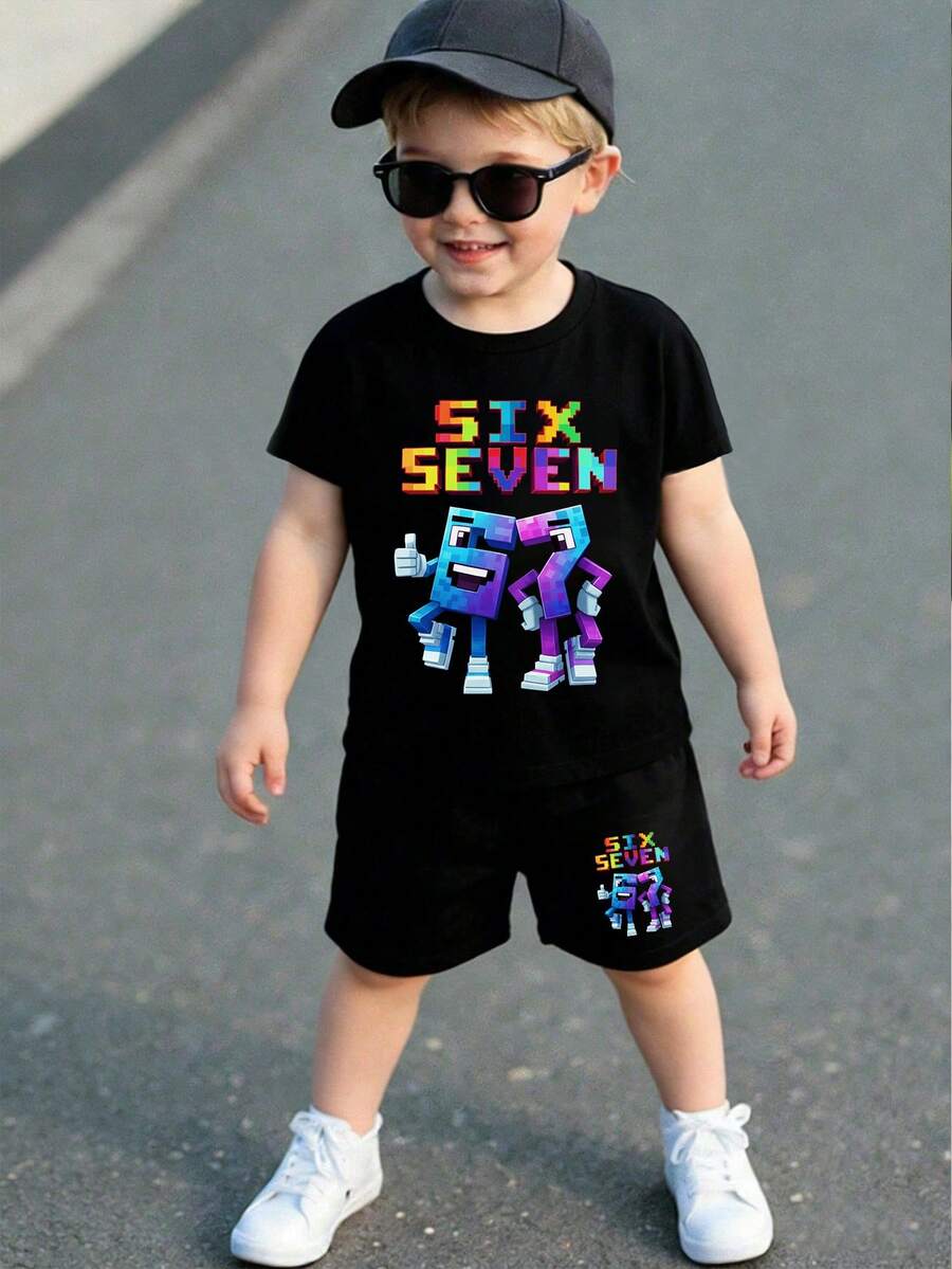SHEIN Young BoyBasic Short Sleeve T-Shirt + Black Shorts Set - Multi-Color - Black - View 1