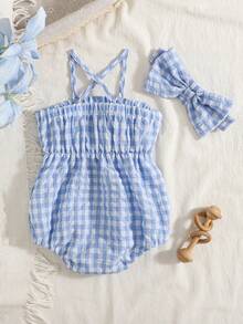 SHEIN Vintaside Kids 2件套女婴时尚可爱条纹露肩连体衣和发带套装，夏季派对 - 藍白色 - 查看 2