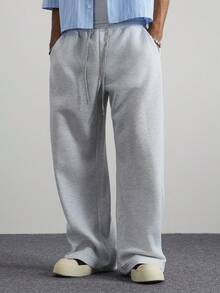 PAVTROS Loose Fit Men's Drawstring Waist Wide Leg Sweatpants - Light Grey - View 4