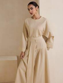 Graceveil Casual Long Sleeve Top & Flared Skirt Arabic Style Set For Women, Apricot Color - Apricot - View 7