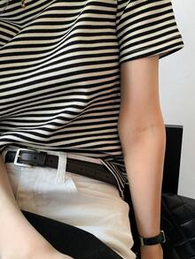 DAZY 女士条纹短袖T恤，百搭宽松圆领套头衫，夏季 - 黑色 - 查看 5