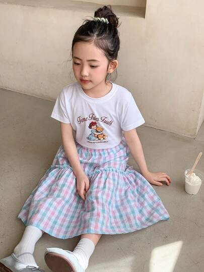DAZY 2pcs/Set Young Girls Round Neck Knit Printed Short Sleeve T-Shirt & Plaid Skirt Outfit, Fall