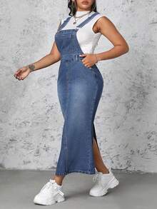 Rivivi Plus Size Solid Color Pocket Fitted Casual Denim Jumpsuit Dress - Blue - View 4