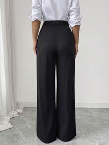 Modelyn Women's Casual Office Golf Commute Solid Color Rhinestone Decor Foldover Waist Flare Pants Pastal Autumn - Black - View 9