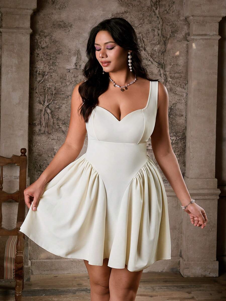 Lyrianda 大码褶皱腰身喇叭下摆无袖心形领派对连衣裙，春夏款 - 杏色 - 查看 1