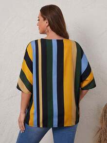 EMERY ROSE Plus Size V-Neck Batwing Sleeve Striped Decor Loose Casual Shirt, Summer - Blue - View 2