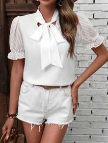 SHEIN Clasi Áo sơ mi ngắn tay đơn sắc tối giản dành cho nữ, thích hợp mặc hàng ngày. - trắng - Xem 4
