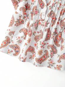 SHEIN 女士白色底佩斯利印花V领荷叶袖休闲衬衫，百搭款式，适合日常穿着、通勤、时尚、优雅、法式风情、甜美、约会、街头、海滩等场合，春夏新品上市 - 彩色 - 查看 6