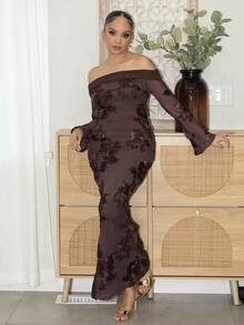 Melissa Matos Women's Elegant Floral Embroidery Off-Shoulder Mid-Length Dress, Autumn Winter Brown Long Bodycon Dress Long Sleeve Elegant Dress Spring - Coffee Brown - View 1