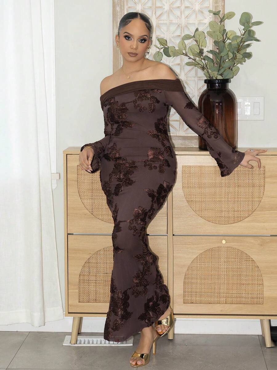 Melissa Matos Women's Elegant Floral Embroidery Off-Shoulder Mid-Length Dress, Autumn Winter Brown Long Bodycon Dress Long Sleeve Elegant Dress Spring - Coffee Brown - View 1