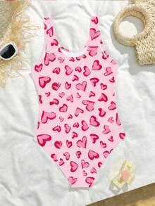 SHEIN Tween Girls' One-Piece Swimsuit, Cute Pink Heart Pattern Asymmetrical Heart Design, Knit Fabric Halter Style One-Piece, Fashionable Casual Elegant Suitable For Swimming, Summer Vacation, Beach, Pool, Holiday Party Girl Heart Print Bathing Suit Tween Bathing Suit Tween Pink Heart Swimsuit Kids One Piece Swimsuit Pink Kids Swimsuits Pink One Piece Bathing Suit Kids Pink Tween Swimsuit Teen Girl Swimsuit Girls Swimsuit Girls Pink Heart Bathing Suit Tween Girl One Piece Swimsuit Childrens Swimwear - White - View 2