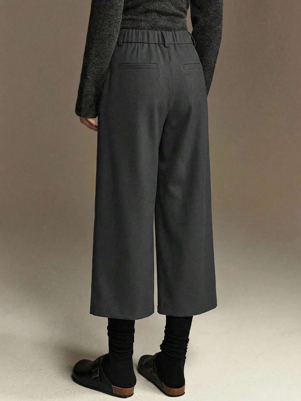 Women's Straight Leg Wool Blend Cropped Pants With Pockets,Dark Grey Summer Business Casual Everyday,Elegant Urban Commute Office Attire Dress Pants
