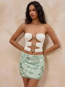 Glamine Chân váy ôm dáng thanh lịch, màu trơn, phối sequin và các mảnh vải. - màu xanh lá - Xem 2